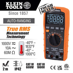 Digiatal Multimeter, TRMS Auto-Ranging, 1000V, Temp, Low Impedance