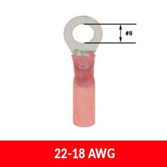 #22-18AWG #8 Stud Heat Shrink Insulated Ring Terminals, 25 pack