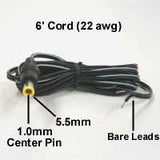 DC Power Cord, 1.0 Pin x 5.5mm Plug to Bare Leads, 6 ft/22awg