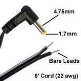DC Power Cord, 1.7 x 4.0mm Plug to Bare Leads, 6FT/22awg
