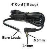 DC Power Cord, 2.1 x 5.5mm R/A Plug to Bare Leads, 6 ft/18awg