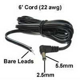 DC Power Cord, 2.5 x 5.5mm Plug to Bare Leads, 6FT/22awg