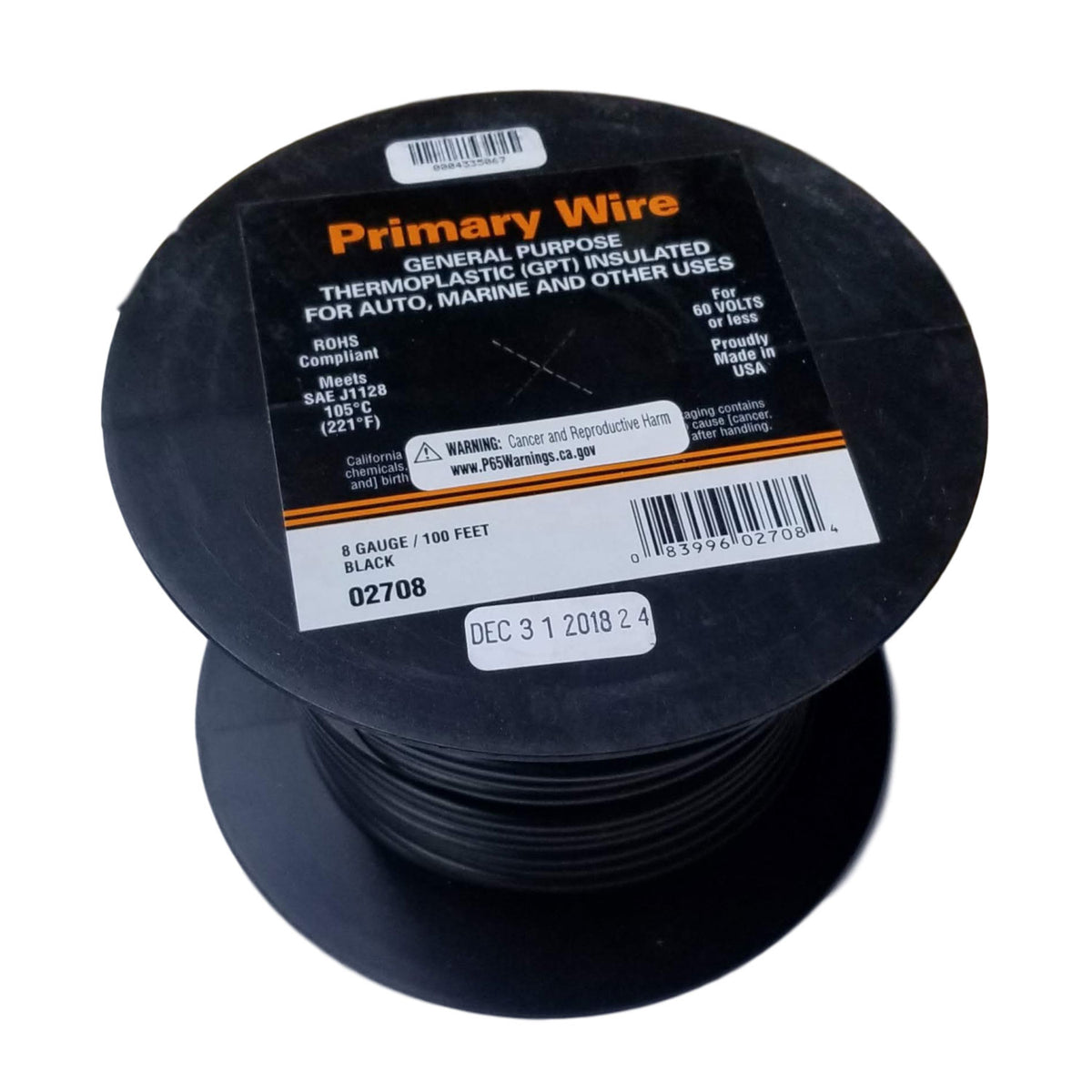 8 Gauge Stranded Black, GPT Primary Wire 19/21, 100 foot