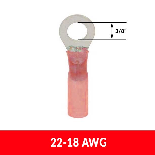 #22-18AWG 3/8" Stud Heat Shrink Insulated Ring Terminals, 25 pack