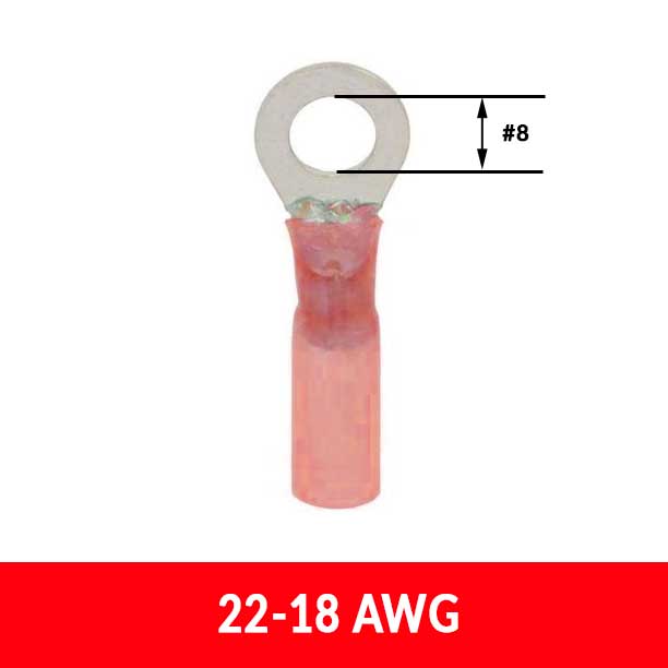 #22-18AWG #8 Stud Heat Shrink Insulated Ring Terminals, 25 pack