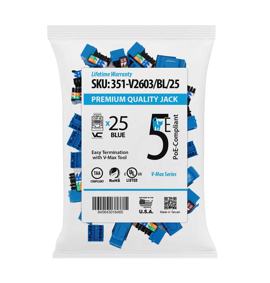 CAT5E Data Grade Keystone Jack, Blue, 25 pack