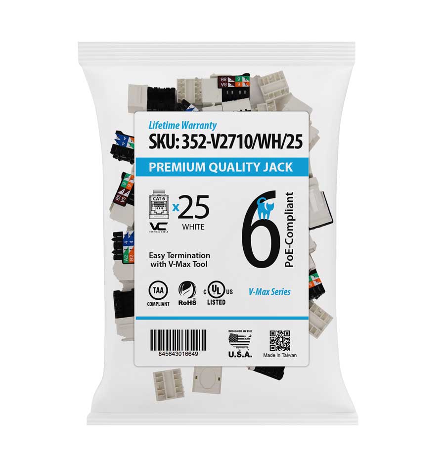CAT6 Data Grade Keystone Jack, White, 25 pack