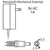 AC Adaptor: 9VAC 1A, 2.5x5.5mm