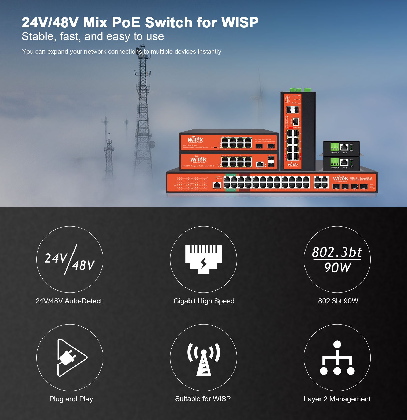 L2 Managed Network Switch, 24V & 48V PoE, 8 Port, 150W