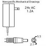 AC Adaptor: 24VAC 1.2A, 2.1x5.5mm