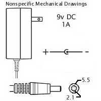 AC Adaptor: 9VDC 1A, 2.1x5.5mm (-) - We-Supply
