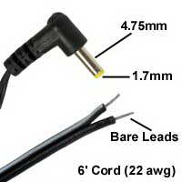 DC Power Cord, 1.7 x 4.0mm Plug to Bare Leads, 6FT/22awg - We-Supply