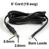 DC Power Cord, 2.5 x 5.5mm Plug to Bare Leads, 6FT/18awg