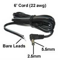 DC Power Cord, 2.5 x 5.5mm Plug to Bare Leads, 6FT/22awg - We-Supply