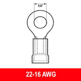 Ring Terminal, Red, 22-16 AWG, Stud 1/4