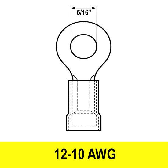Ring Terminal, Yellow, 12-10 AWG, Stud 5/16", Vinyl, 100 pack - We-Supply