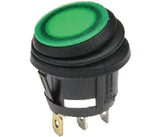 Round Rocker Switch, IP65, Green 12V LED, 16A